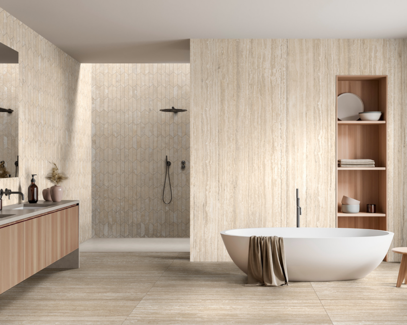 Carrelage effet pierre naturelle pour une salle de bain douce et intemporelle à La Garde près de Toulon