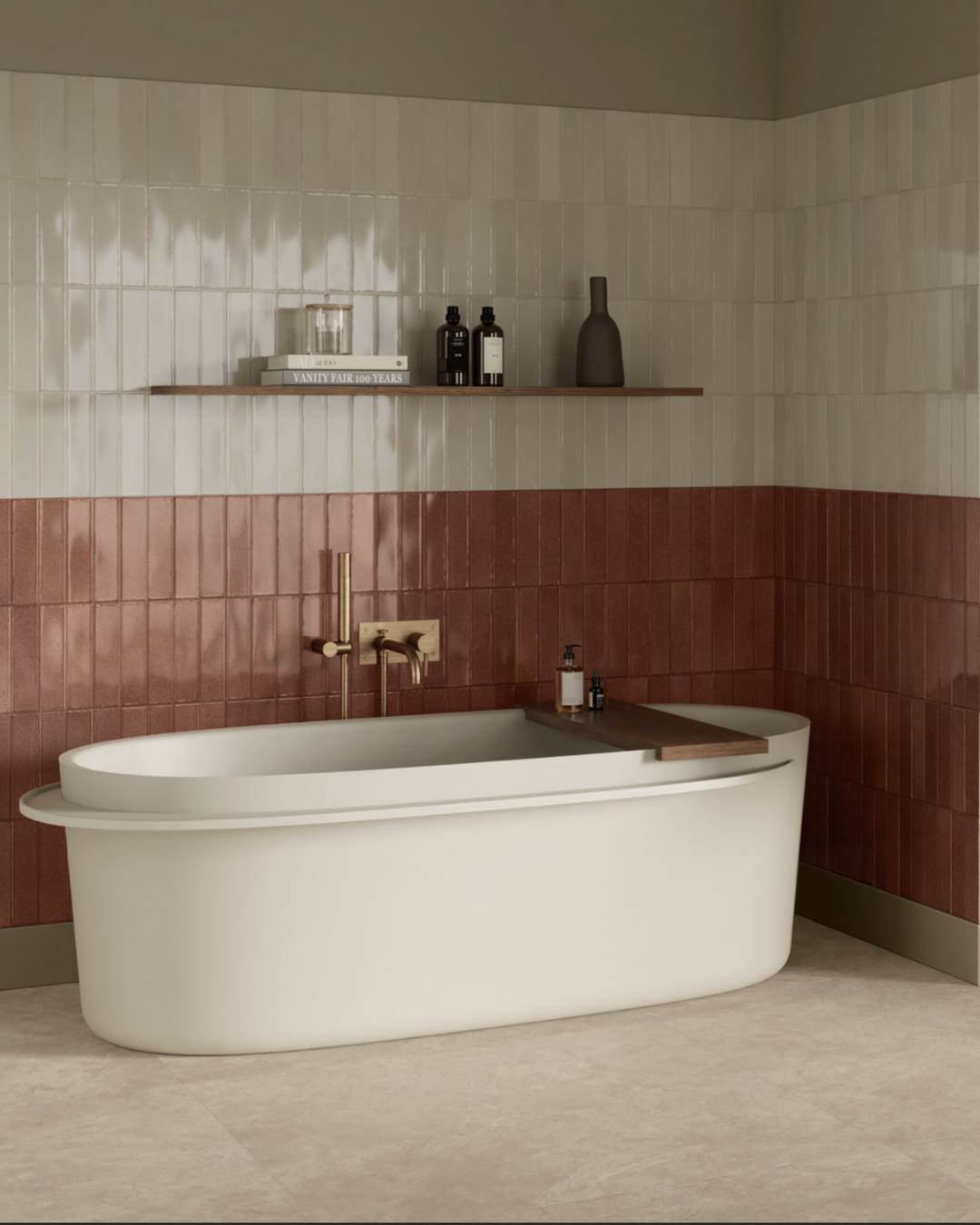 Habiller un mur de salle de bain avec un carrelage effet zellige beige et terra cotta à Sanary-sur-Mer près de Six-Fours-les-plages