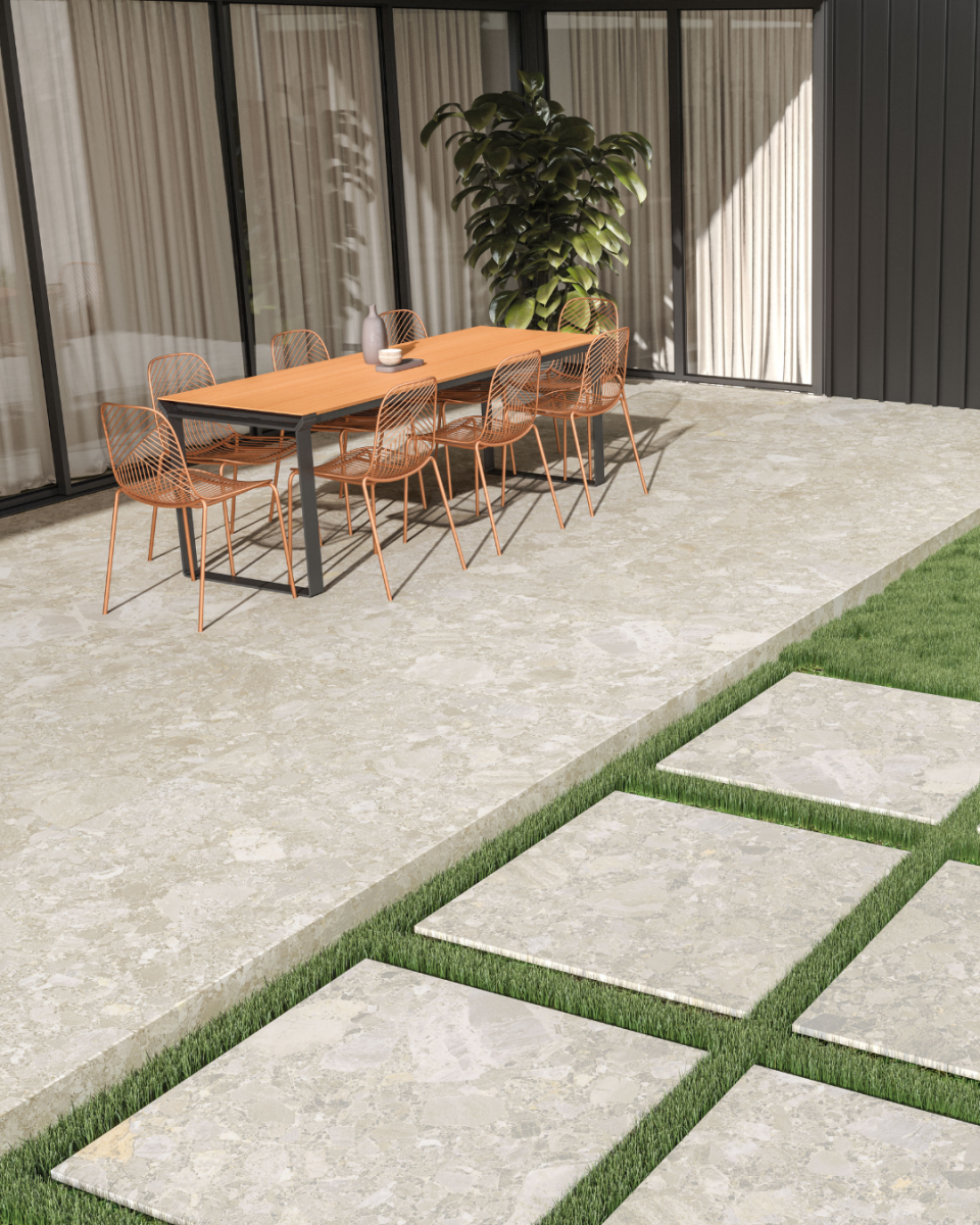 Terrasse en carrelage effet pierre
