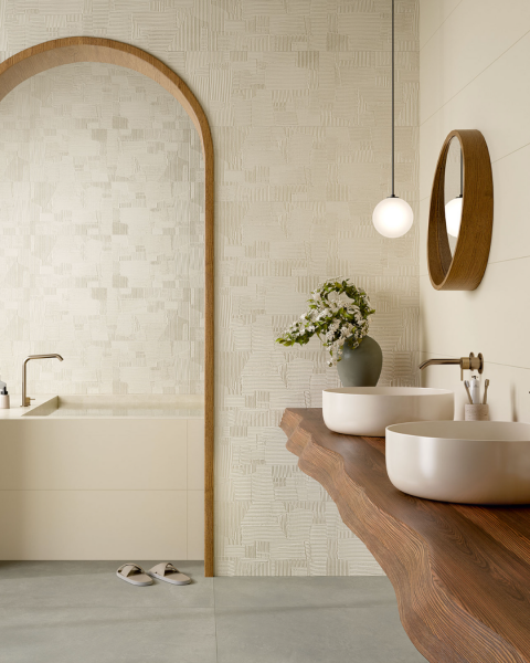 Habiller les murs d'une salle de bain avec un carrelage mural tendance texturé avec relief raffiné beige à La Garde près de La Crau