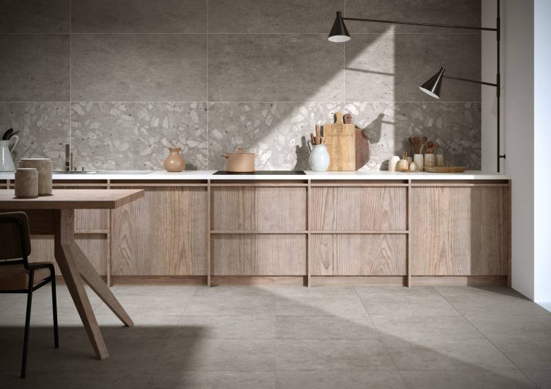 Cuisine avec carrelage effet terrazzo