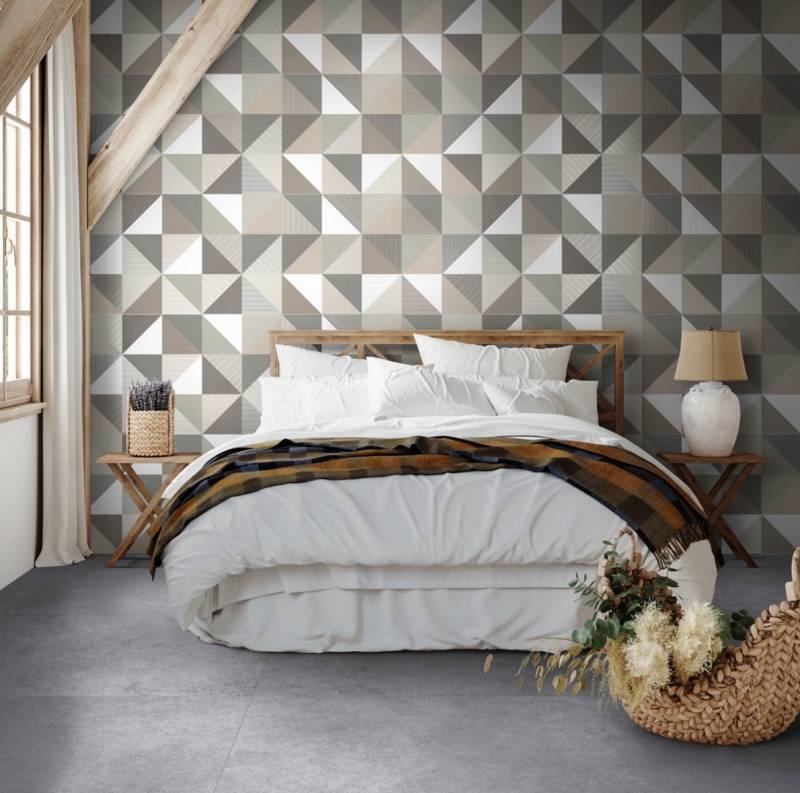 Décoration d'un pan de mur dans une chambre avec un carrelage moderne et graphique